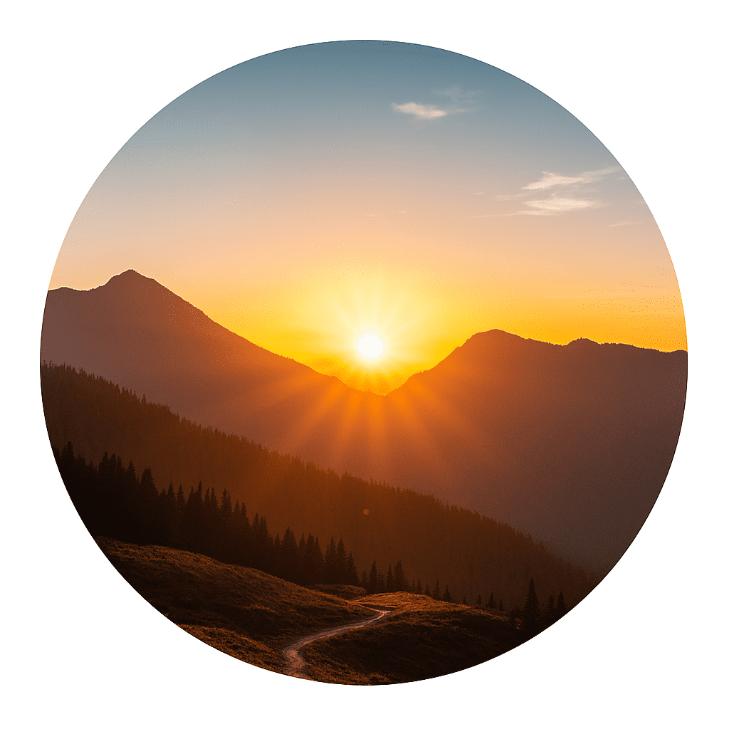 Logo Vivre Librement – soleil levant sur la montagne, esprit d’aventure et de simplicité