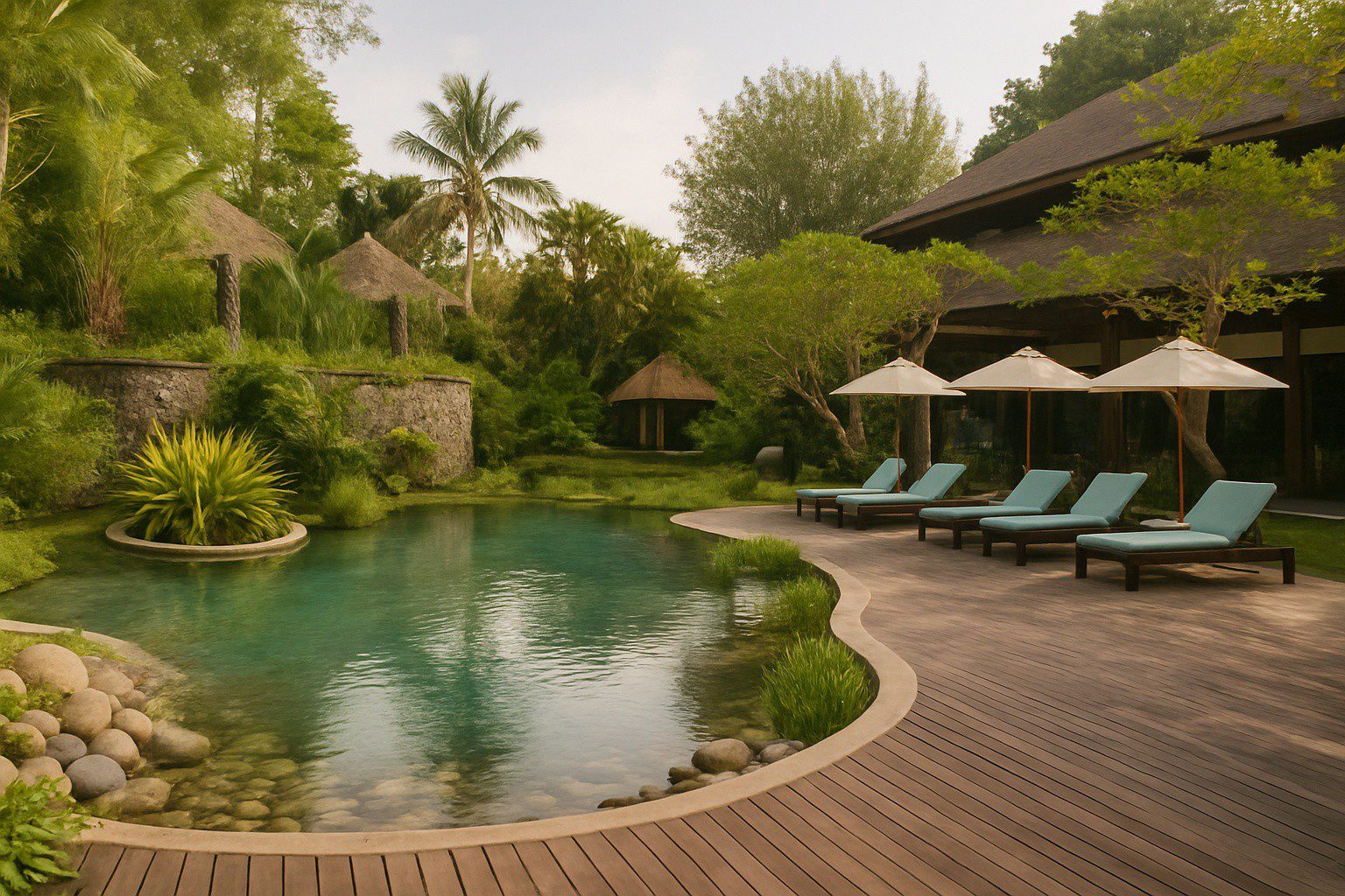 luxe naturel tropical – atmosphère calme et élégante – symbole de liberté financière