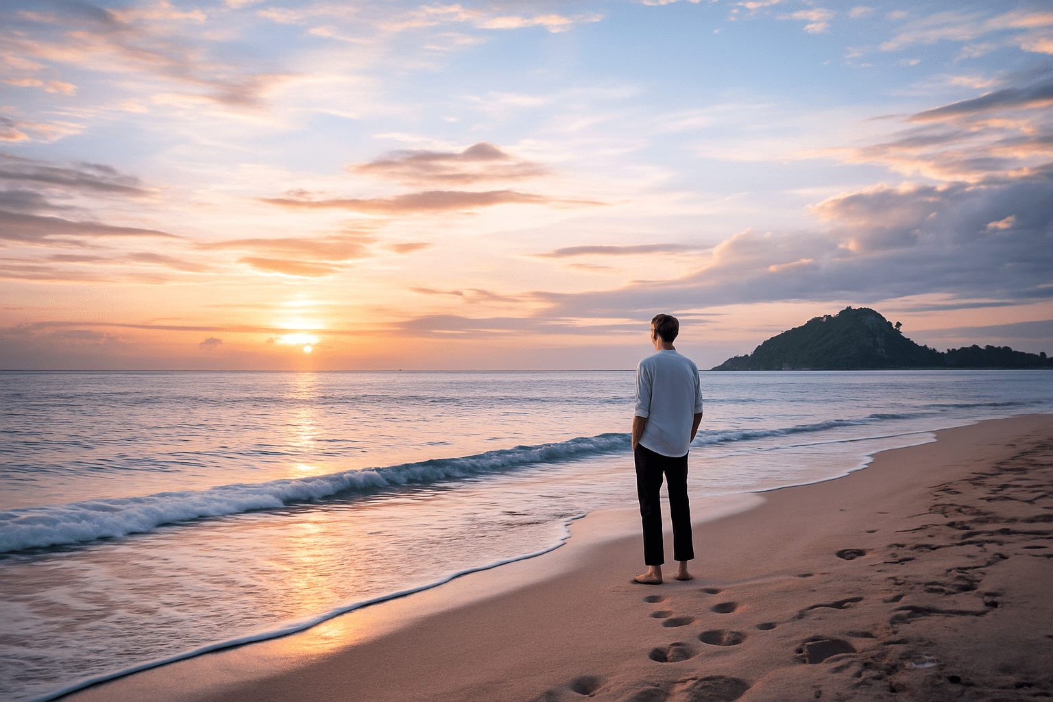 Un homme debout face à la mer au coucher du soleil, sur une plage calme en Indonésie.
