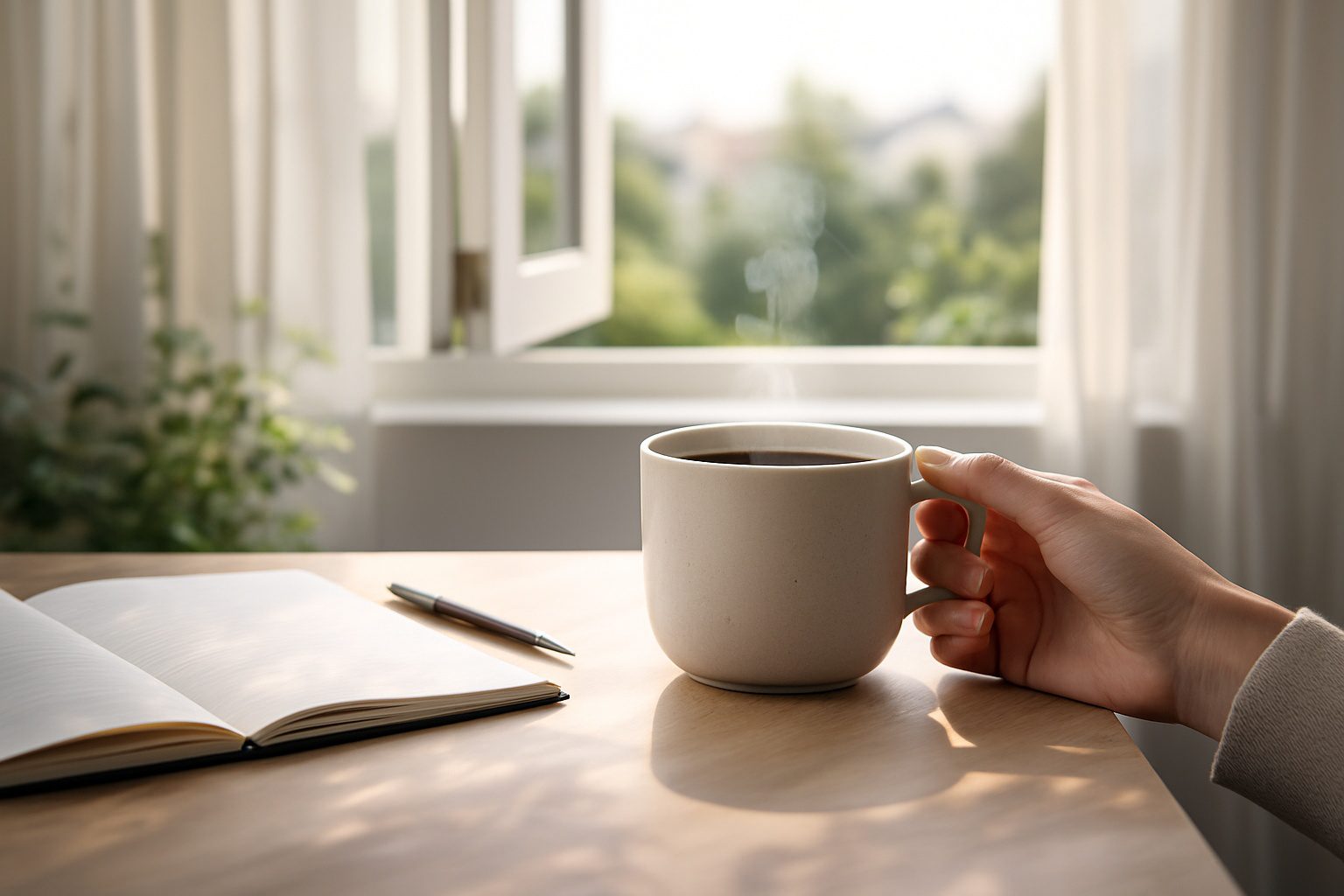 main tenant une tasse près d’une fenêtre, dans un intérieur simple et lumineux, symbole de relation à l’argent, au confort et à la liberté