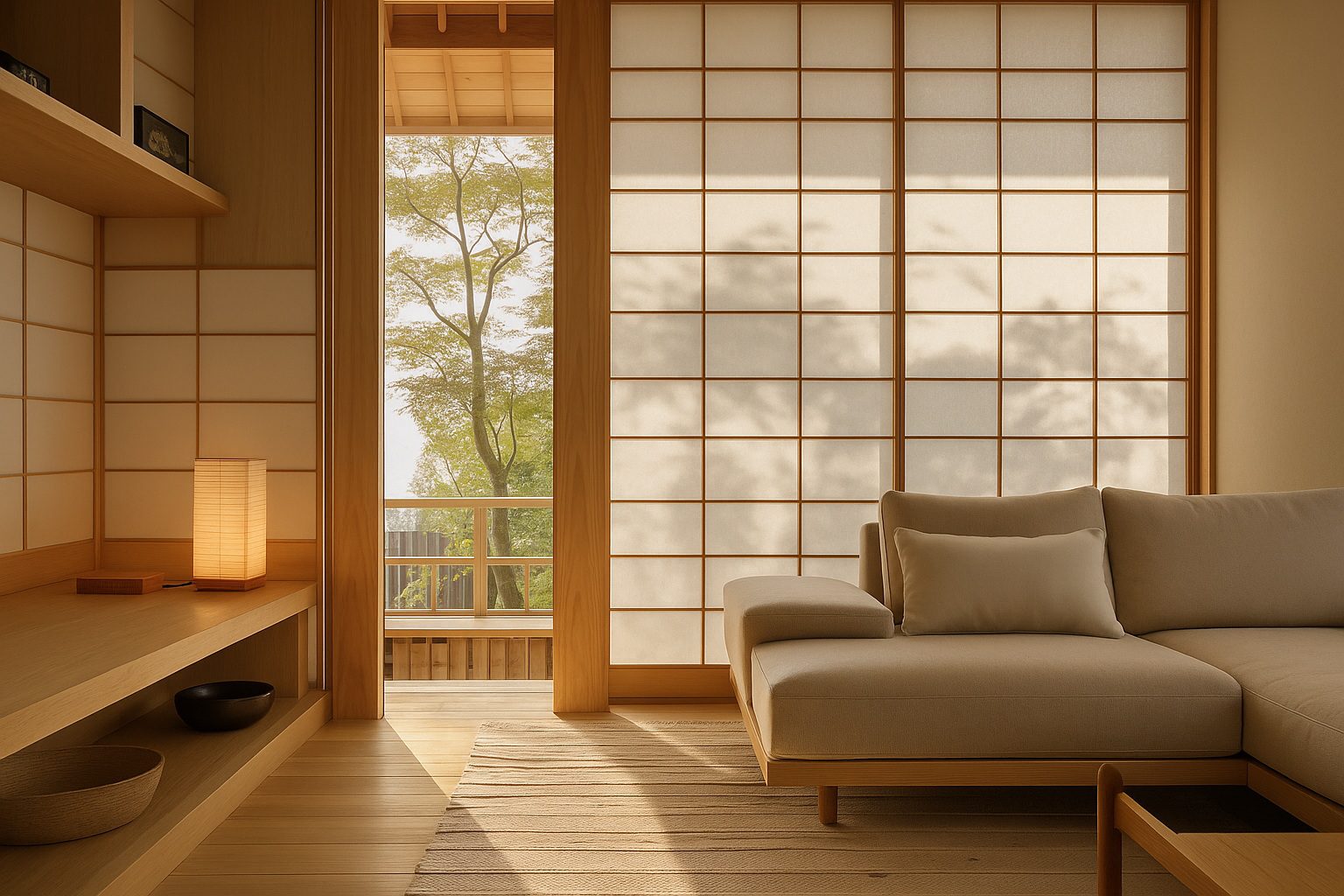 Intérieur minimaliste baigné de lumière, symbole de calme et de transition intérieure.