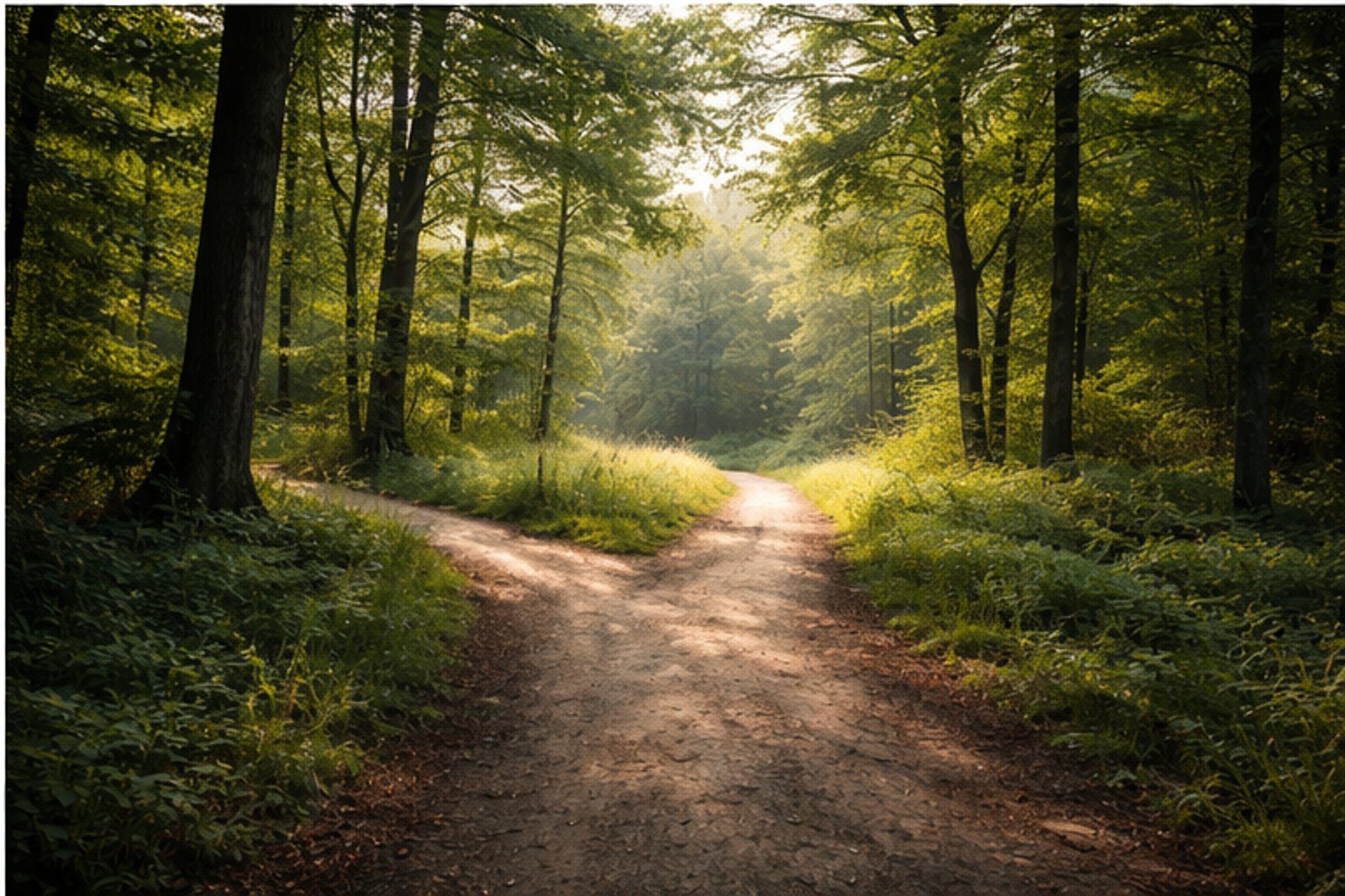 Bifurcation naturelle dans un sentier forestier, lumière douce, sans direction imposée