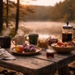 Petit-déjeuner simple posé sur une table en bois face à un lac au lever du jour