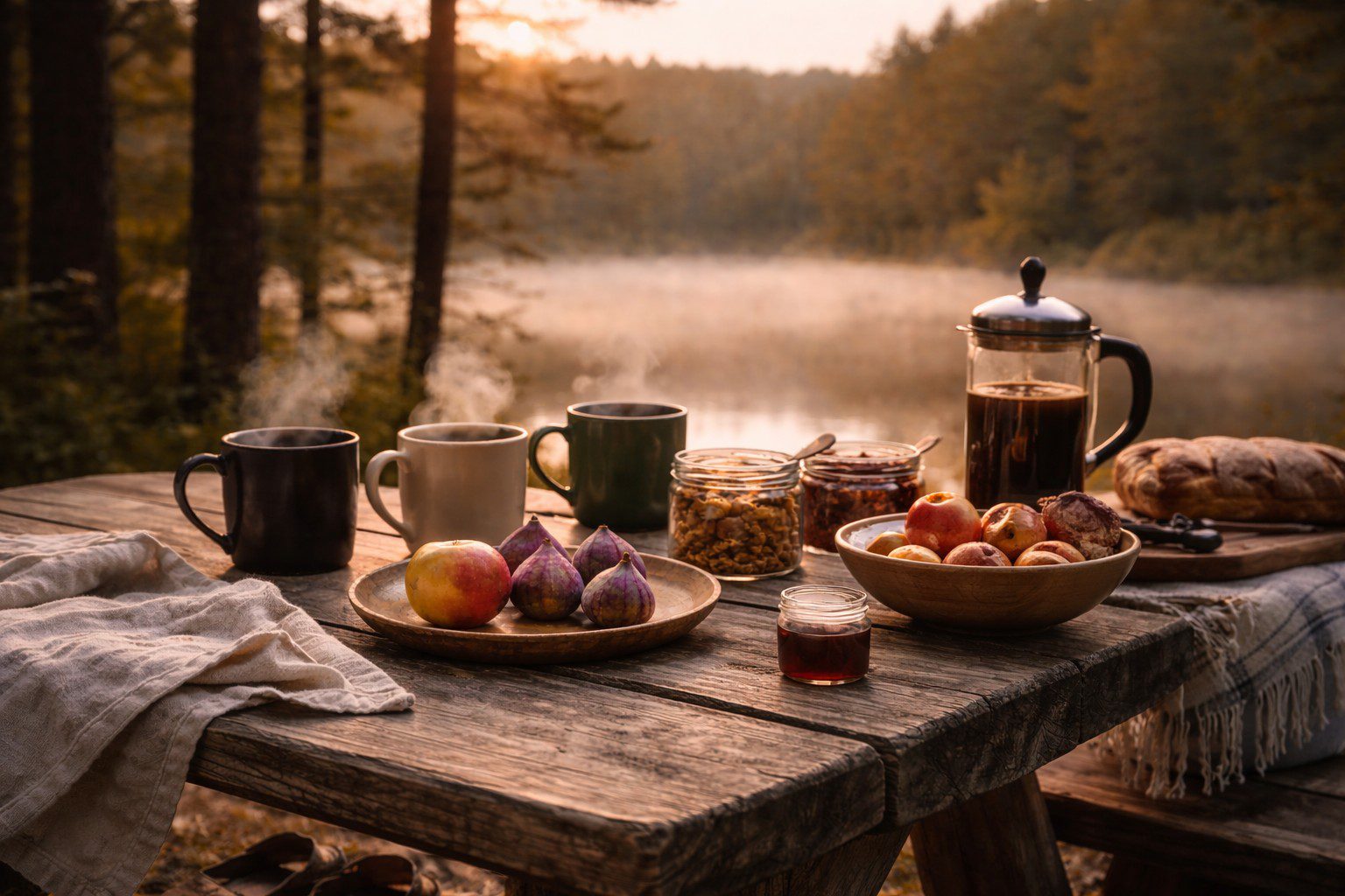 Petit-déjeuner simple posé sur une table en bois face à un lac au lever du jour