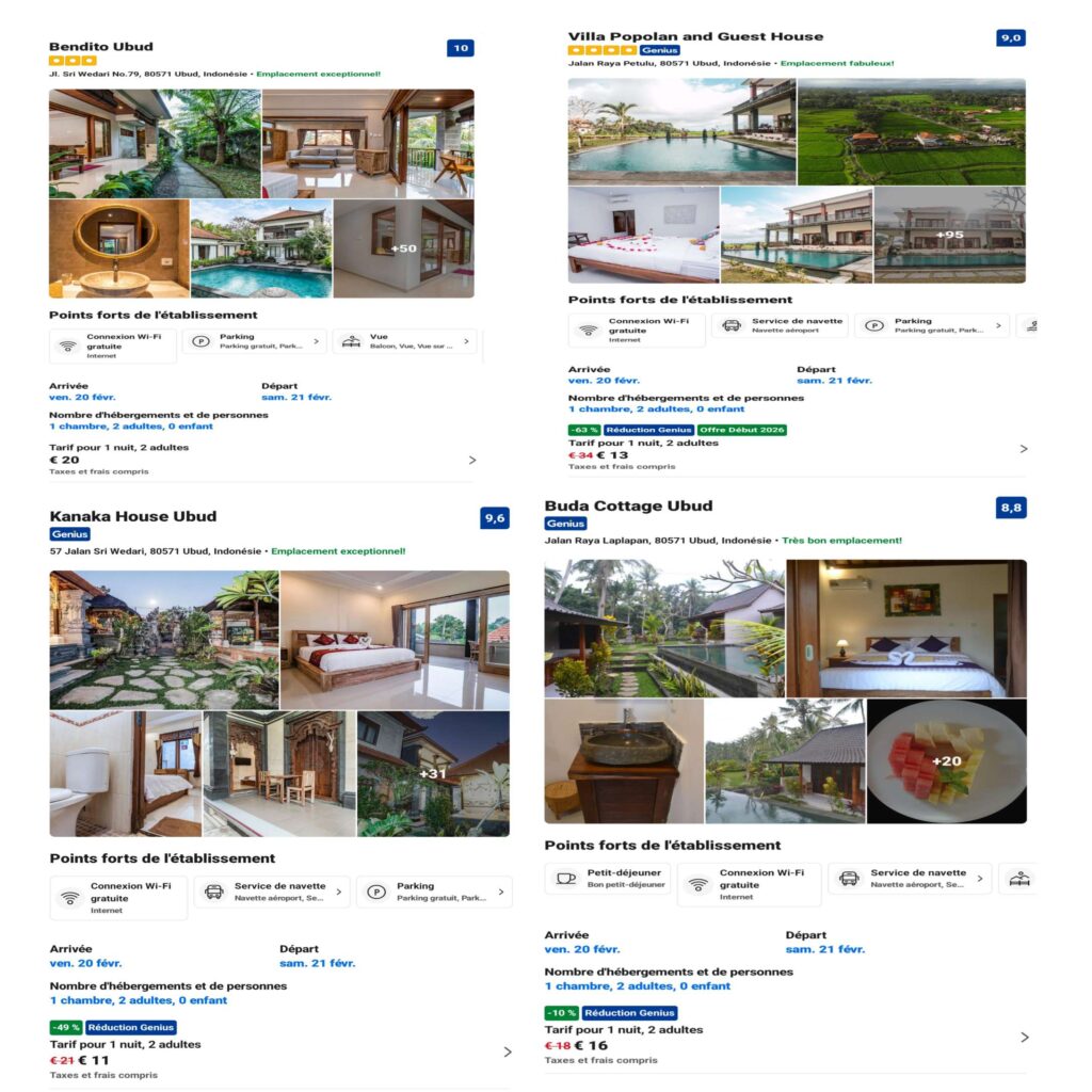 Exemples de logements à Ubud, Bali, entre 10 et 20 euros par nuit sur une plateforme de réservation