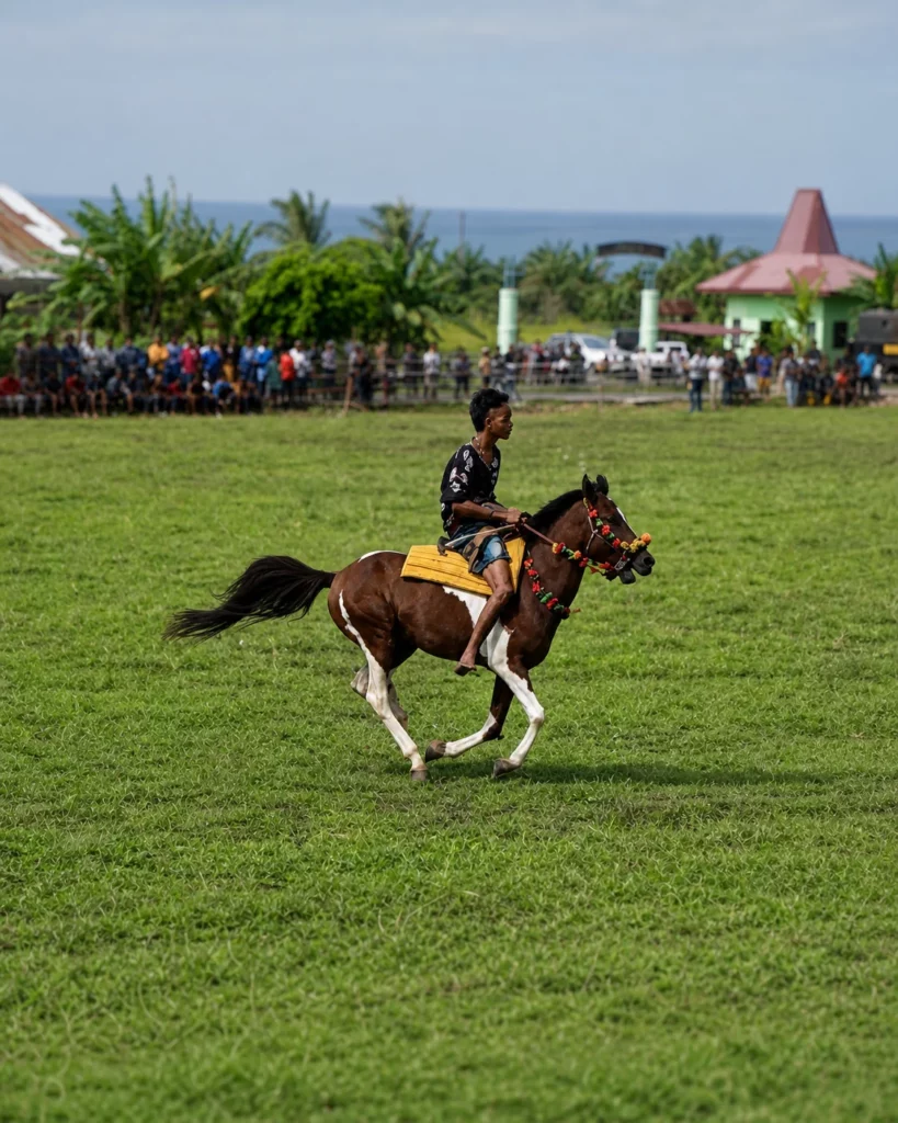 Cavalier au galop pendant la Pasola à Sumba, avec la foule et la mer en arrière-plan