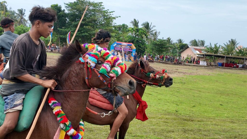 Jeunes avaliers et chevaux décorés avant le rituel Pasola à Sumba Indonésie