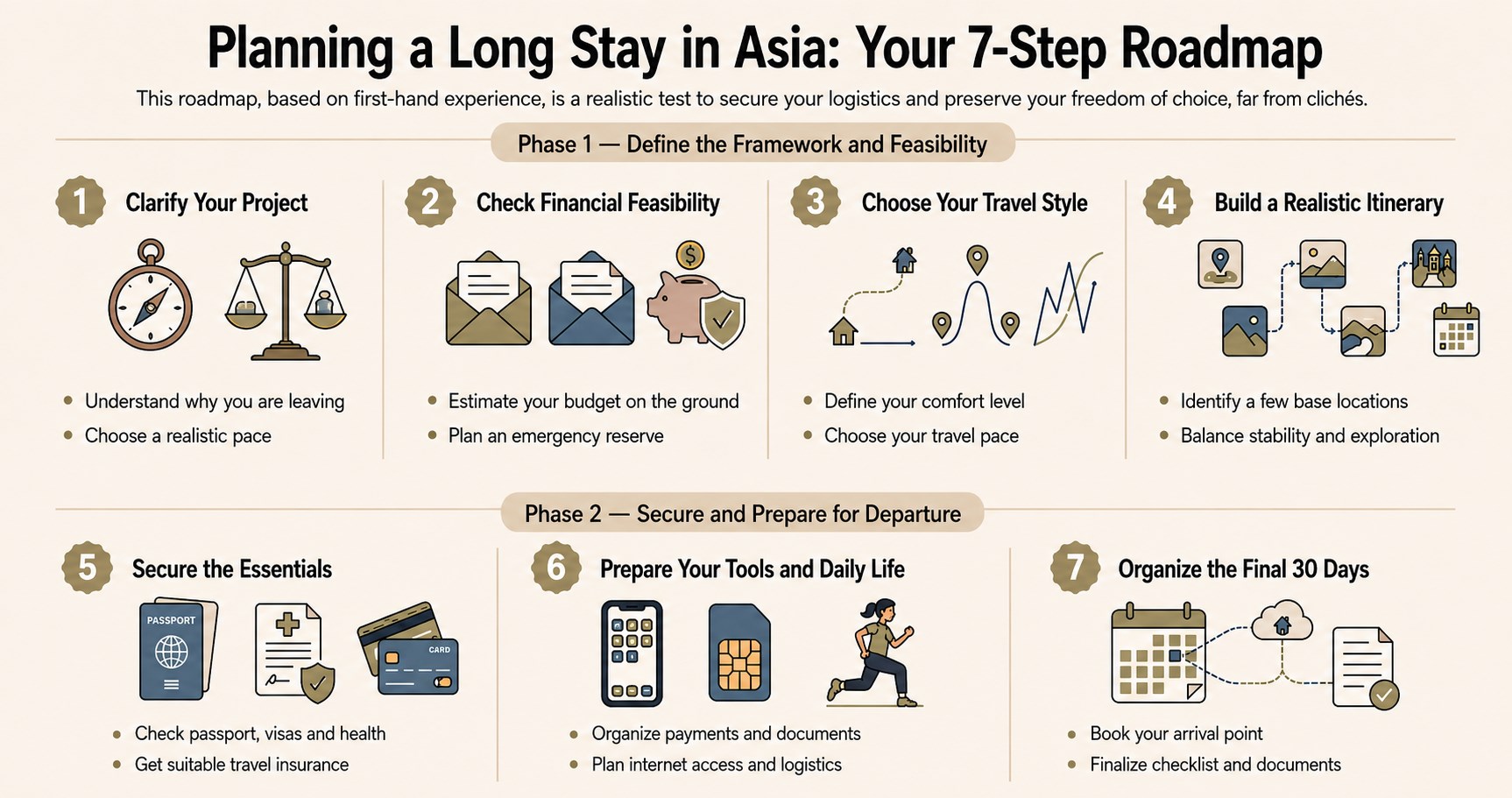 Planning a long stay in Asia: a 7-step roadmap, from defining the project to organizing the final 30 days before departure.