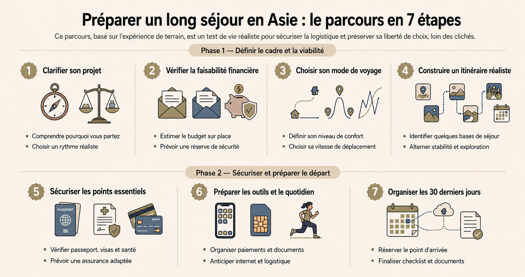 Préparer un long séjour en Asie : parcours de préparation en 7 étapes, du cadrage du projet aux 30 derniers jours avant le départ.