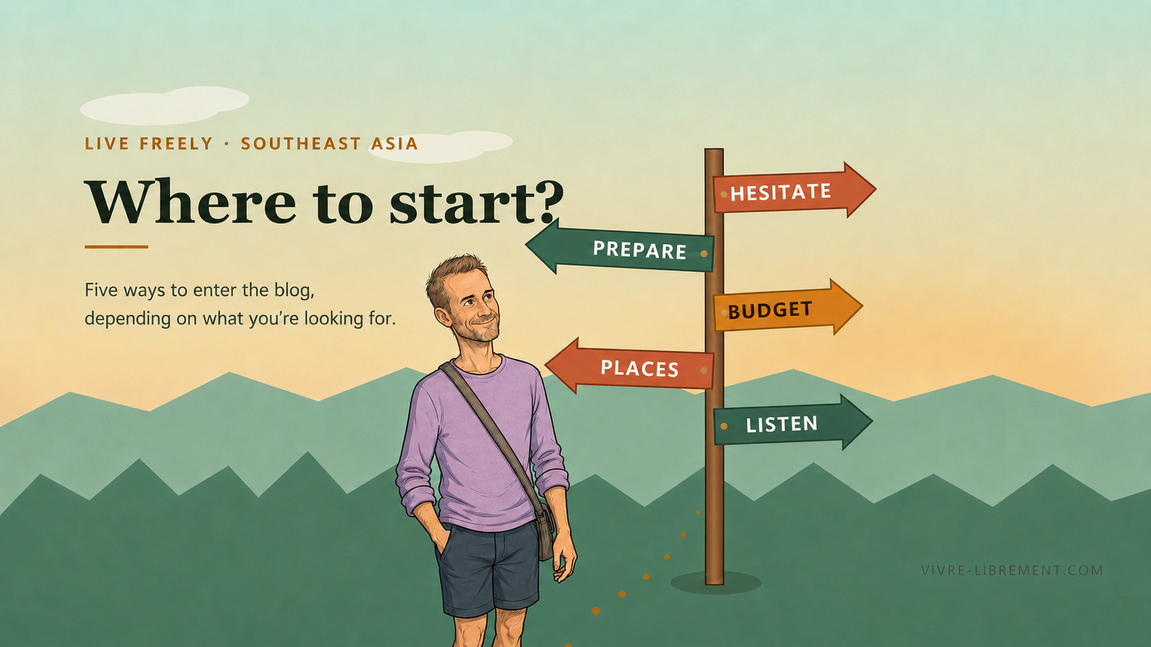 Illustration of the Where to Start page, showing several directions to explore the Vivre Librement blog